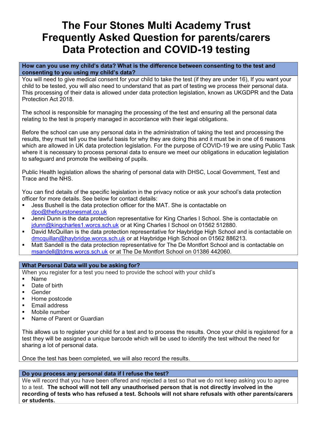 The Four Stones Multi Academy Trust Frequently Asked Question for Parents/Carers Data Protection and COVID-19 Testing