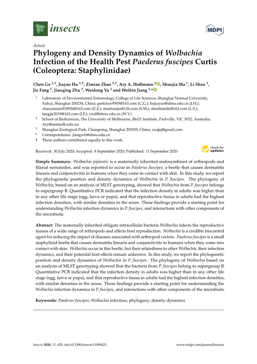 Phylogeny and Density Dynamics of Wolbachia Infection of the Health Pest Paederus Fuscipes Curtis (Coleoptera: Staphylinidae)