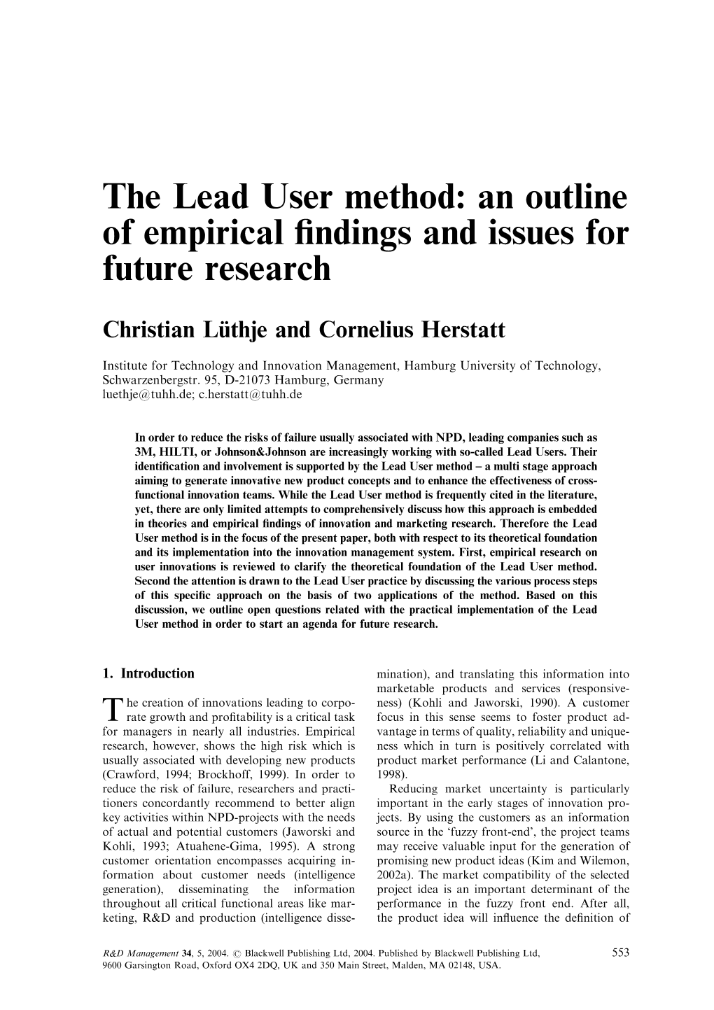 The Lead User Method: an Outline of Empirical Findings and Issues For