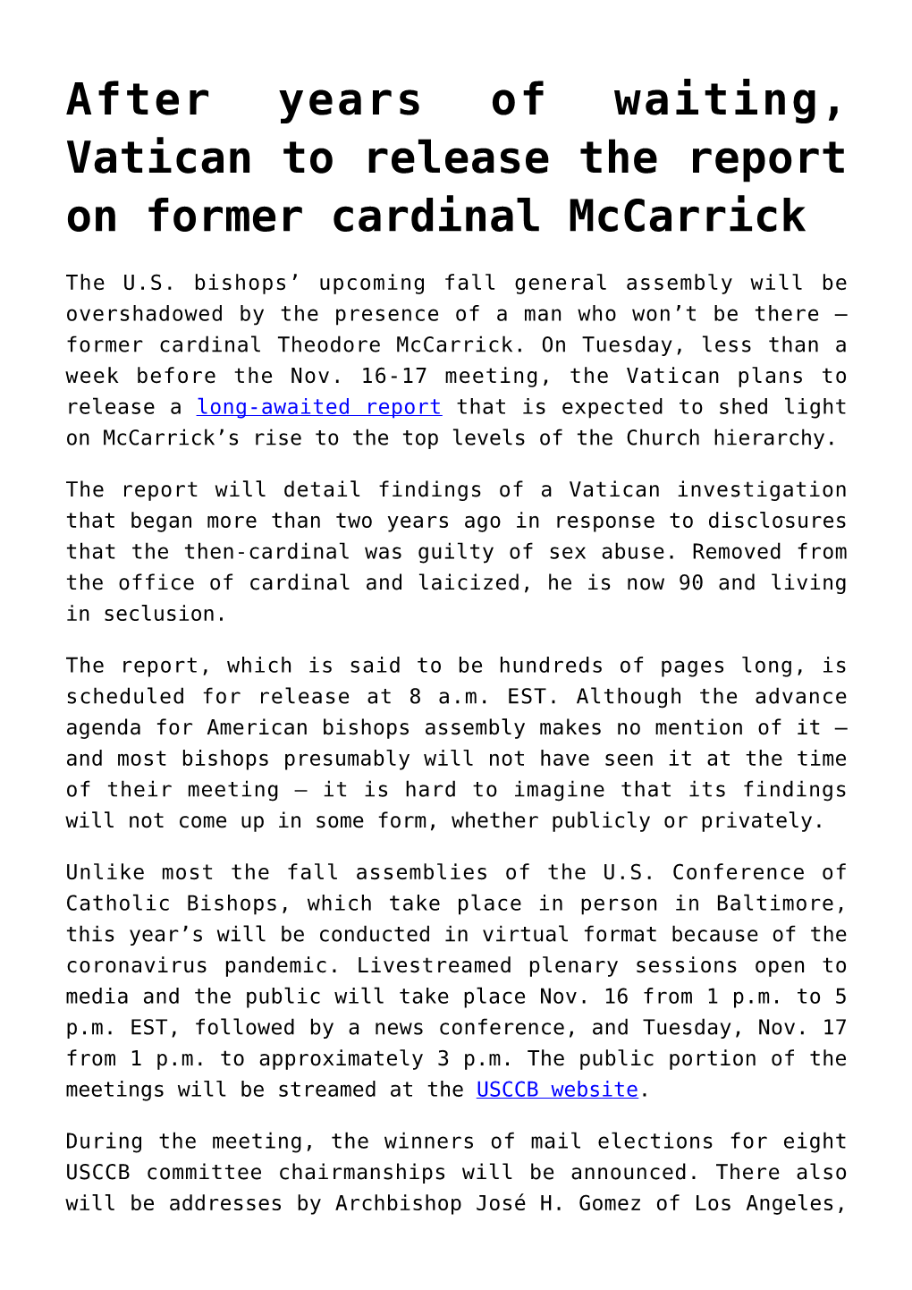After Years of Waiting, Vatican to Release the Report on Former Cardinal Mccarrick