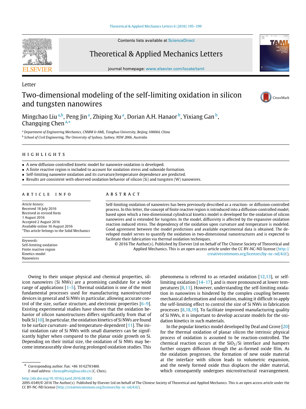 Two-Dimensional Modeling of the Self-Limiting Oxidation in Silicon and Tungsten Nanowires