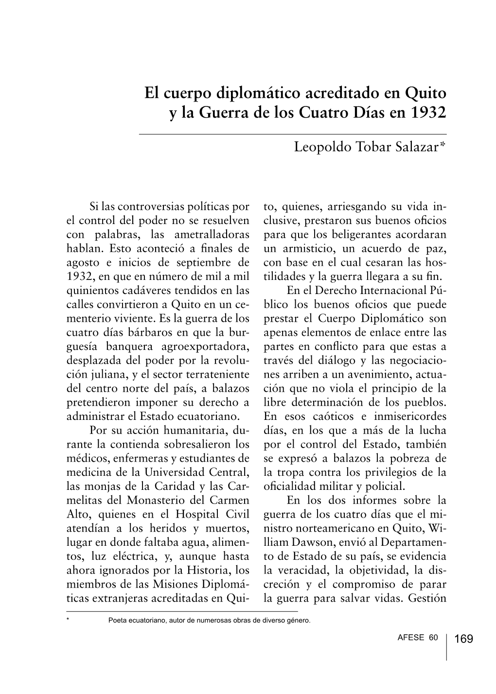 El Cuerpo Diplomático Acreditado En Quito Y La Guerra De Los Cuatro Días En 1932