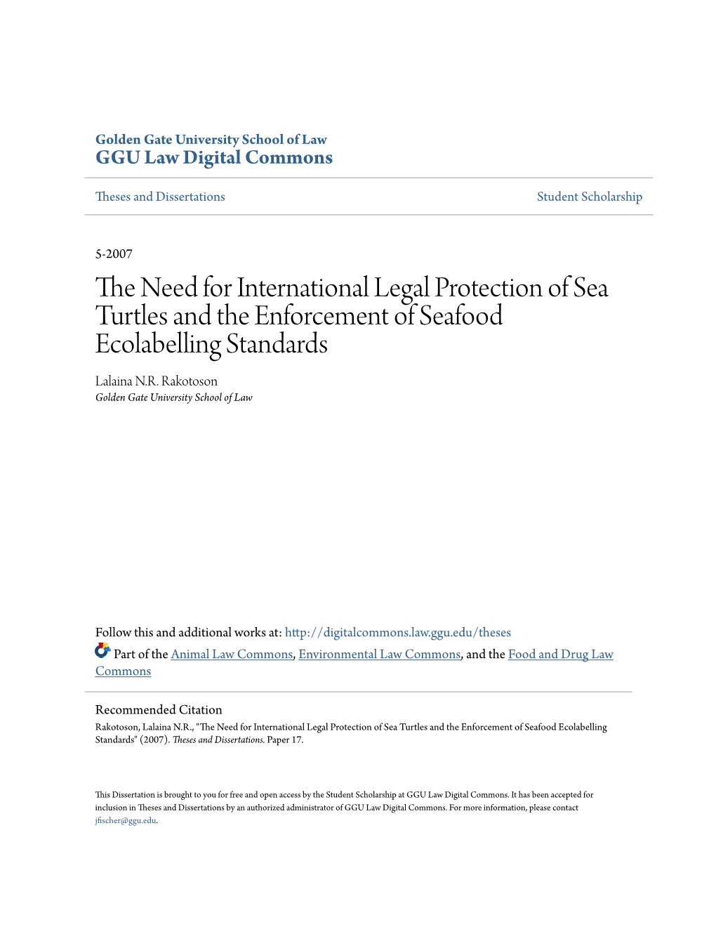 The Need for International Legal Protection of Sea Turtles and The