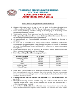 PROFESSOR BHUBANESWAR BEHERA CENTRAL LIBRARY SAMBALPUR UNIVERSITY JYOTI VIHAR, BURLA-768019 Basic Rule & Regulations Of