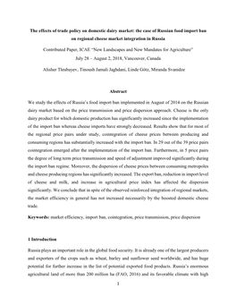 The Effects of Trade Policy on Domestic Dairy Market: the Case of Russian Food Import Ban on Regional Cheese Market Integration in Russia