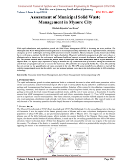 Assessment of Municipal Solid Waste Management in Mysore City