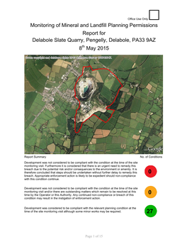Monitoring of Mineral and Landfill Planning Permissions Report for Delabole Slate Quarry, Pengelly, Delabole, PA33 9AZ 8Th May 2015