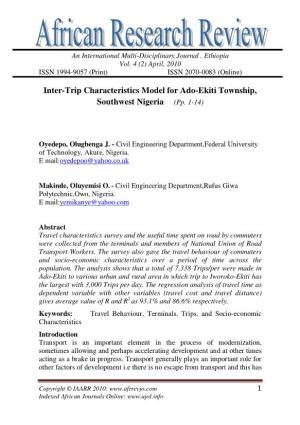 Inter-Trip Characteristics Model for Ado-Ekiti Township, Southwest Nigeria (Pp