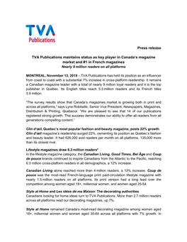 Press Release TVA Publications Maintains Status As Key Player In