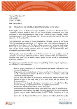 Letter to Premier Baird Re Reparations for the Stolen Generations In