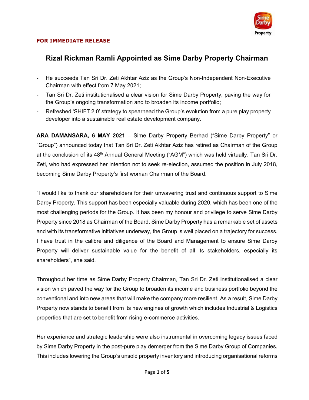 Rizal Rickman Ramli Appointed As Sime Darby Property Chairman