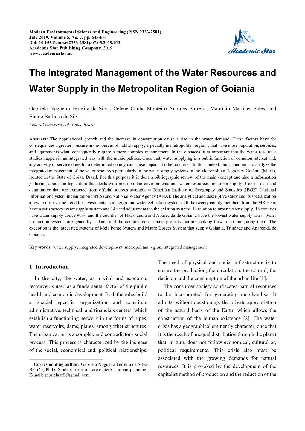 The Integrated Management of the Water Resources and Water Supply in the Metropolitan Region of Goiania