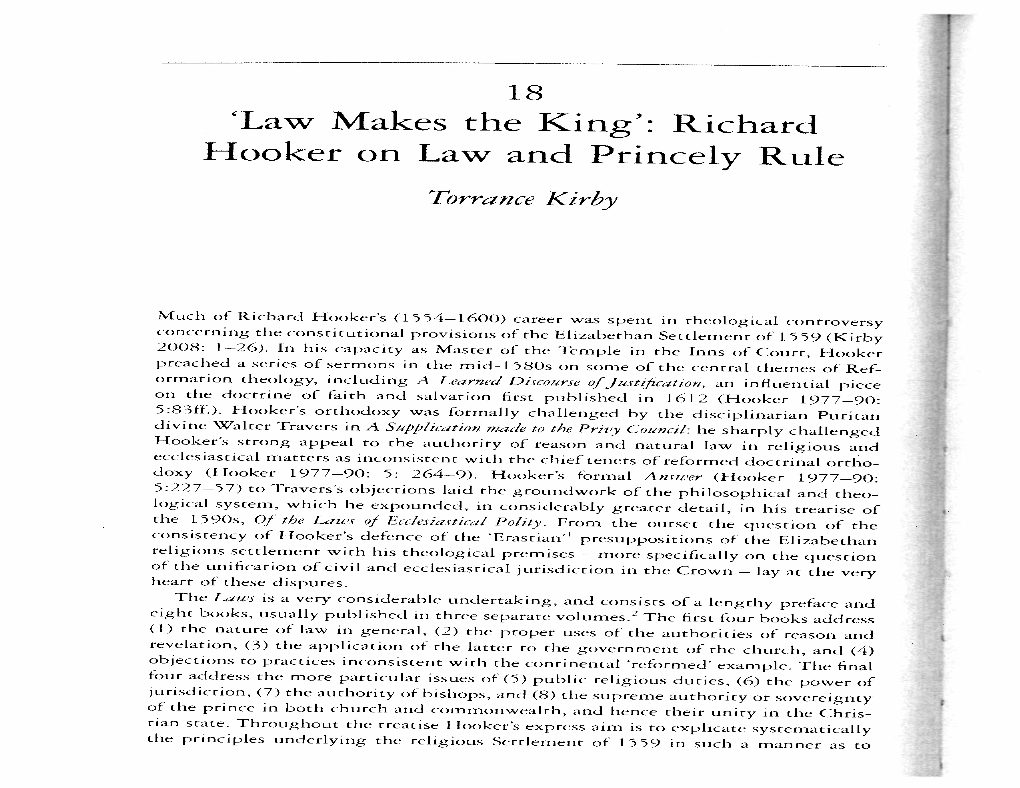 'Law Makes the King': Richard Hooker on Law Andprincely Rule