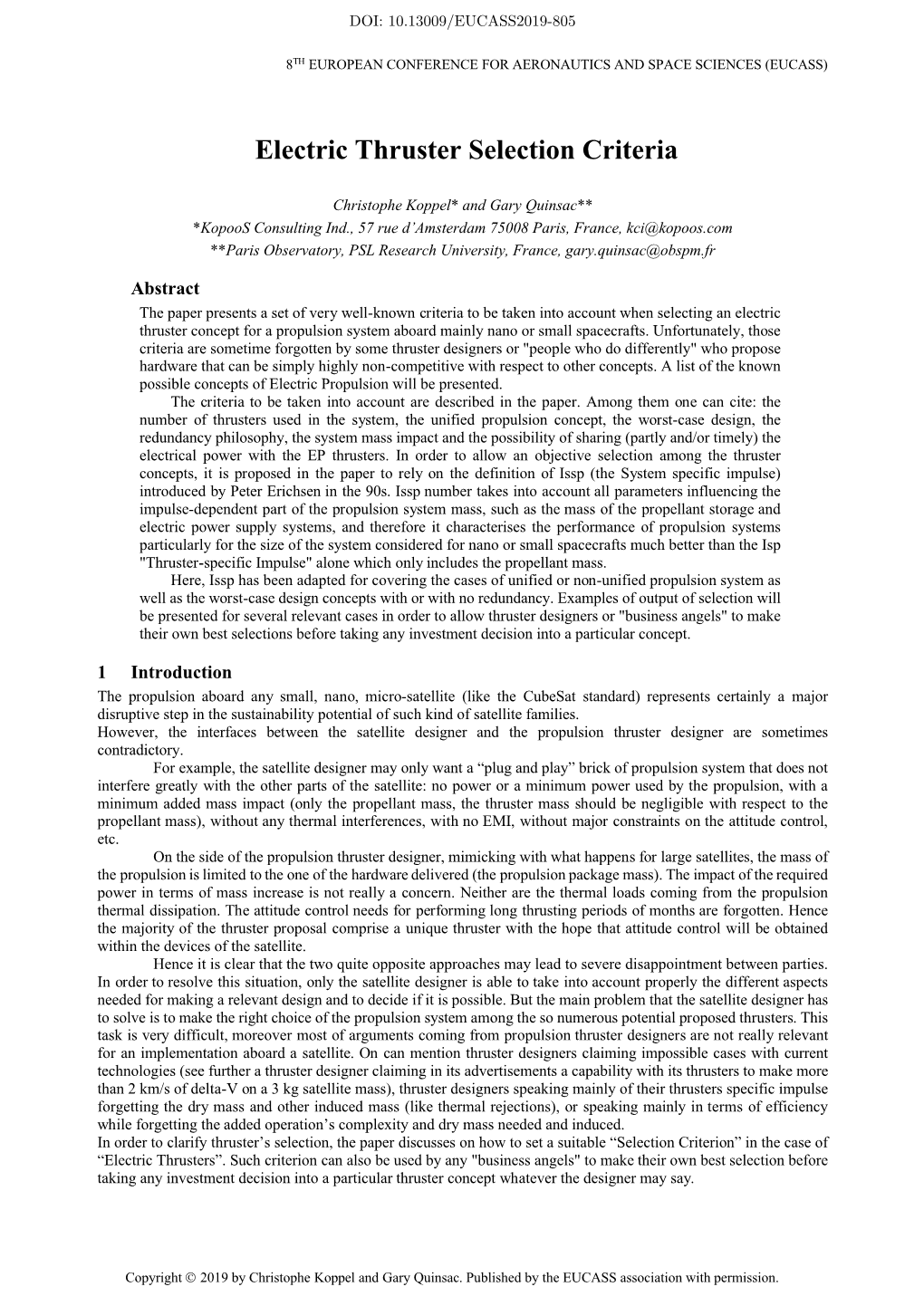 Electric Thruster Selection Criteria