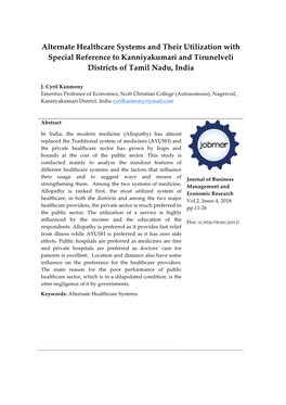 Alternate Healthcare Systems and Their Utilization with Special Reference to Kanniyakumari and Tirunelveli Districts of Tamil Nadu, India