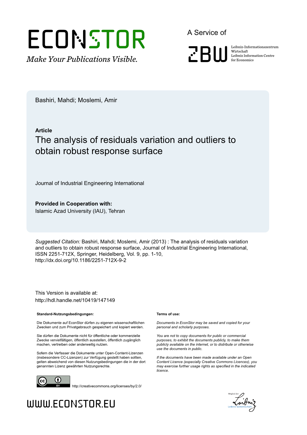 The Analysis of Residuals Variation and Outliers to Obtain Robust Response Surface