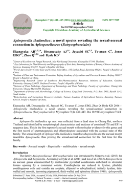 Aplosporella Thailandica; a Novel Species Revealing the Sexual-Asexual Connection in Aplosporellaceae (Botryosphaeriales)