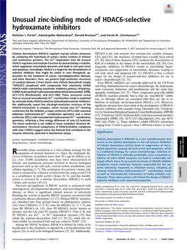 Unusual Zinc-Binding Mode of HDAC6-Selective Hydroxamate Inhibitors