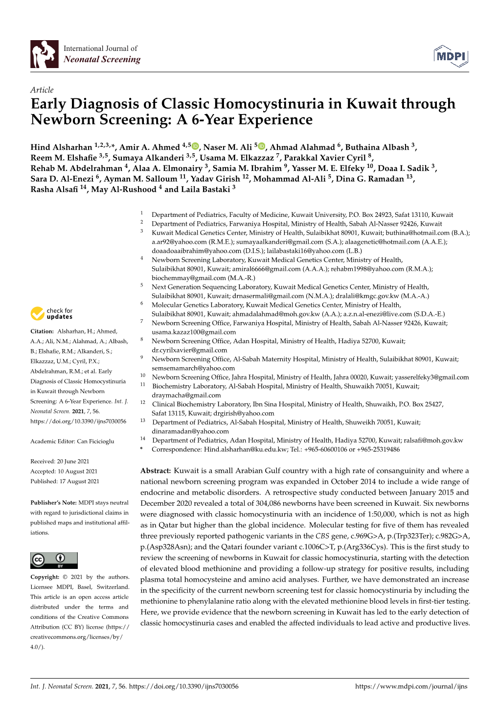 Early Diagnosis of Classic Homocystinuria in Kuwait Through Newborn Screening: a 6-Year Experience