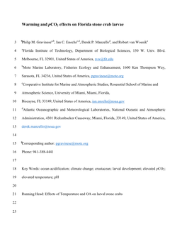 Warming and Pco2 Effects on Florida Stone Crab Larvae