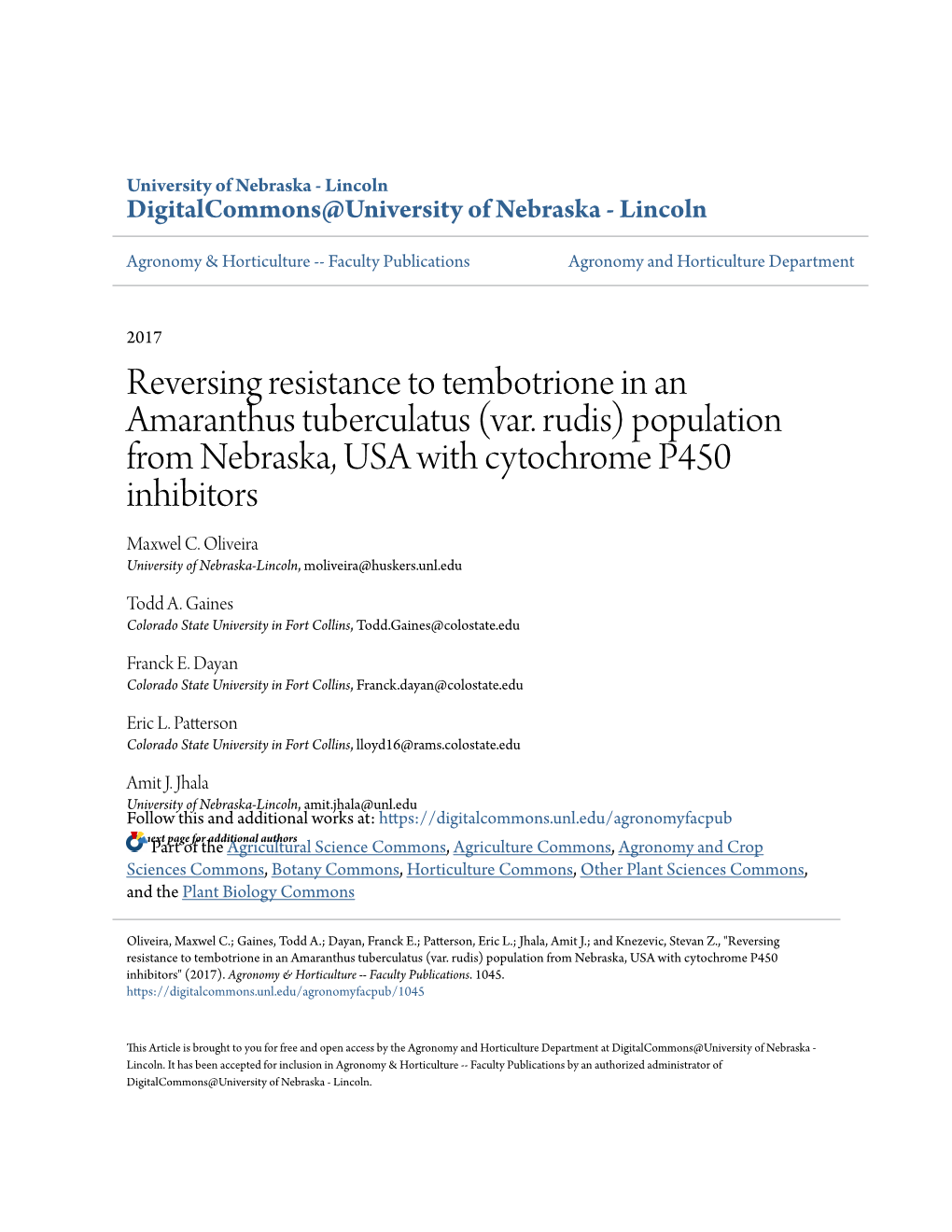 Reversing Resistance to Tembotrione in an Amaranthus Tuberculatus (Var