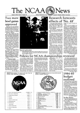 August 29,1984, Volume 21 Number 30 Official Publicatiun of the National Collegiate Athletic Association Two More Research Forecasts Bowl Games Effects of ‘No
