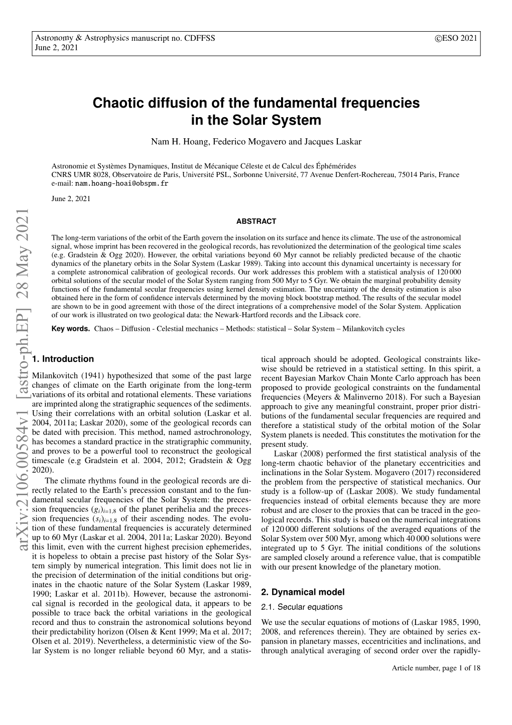Chaotic Diffusion of the Fundamental Frequencies in the Solar System Nam H