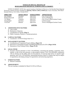 Notice of Special Meeting of Boxelder Basin Regional Stormwater Authority