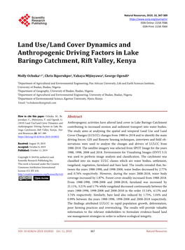 Land Use/Land Cover Dynamics and Anthropogenic Driving Factors in Lake Baringo Catchment, Rift Valley, Kenya