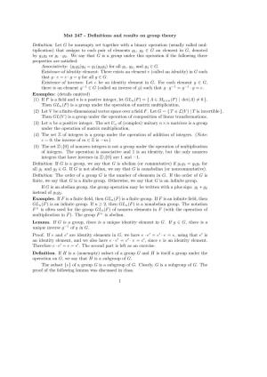 Mat 247 - Deﬁnitions and Results on Group Theory