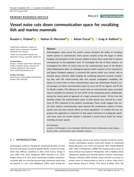 Vessel Noise Cuts Down Communication Space for Vocalizing Fish and Marine Mammals