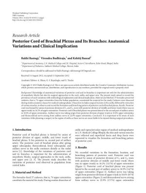 Research Article Posterior Cord of Brachial Plexus and Its Branches: Anatomical Variations and Clinical Implication