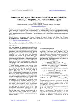 Barremian and Aptian Mollusca of Gabal Mistan and Gabal Um Mitmani, Al-Maghara Area, Northern Sinai, Egypt