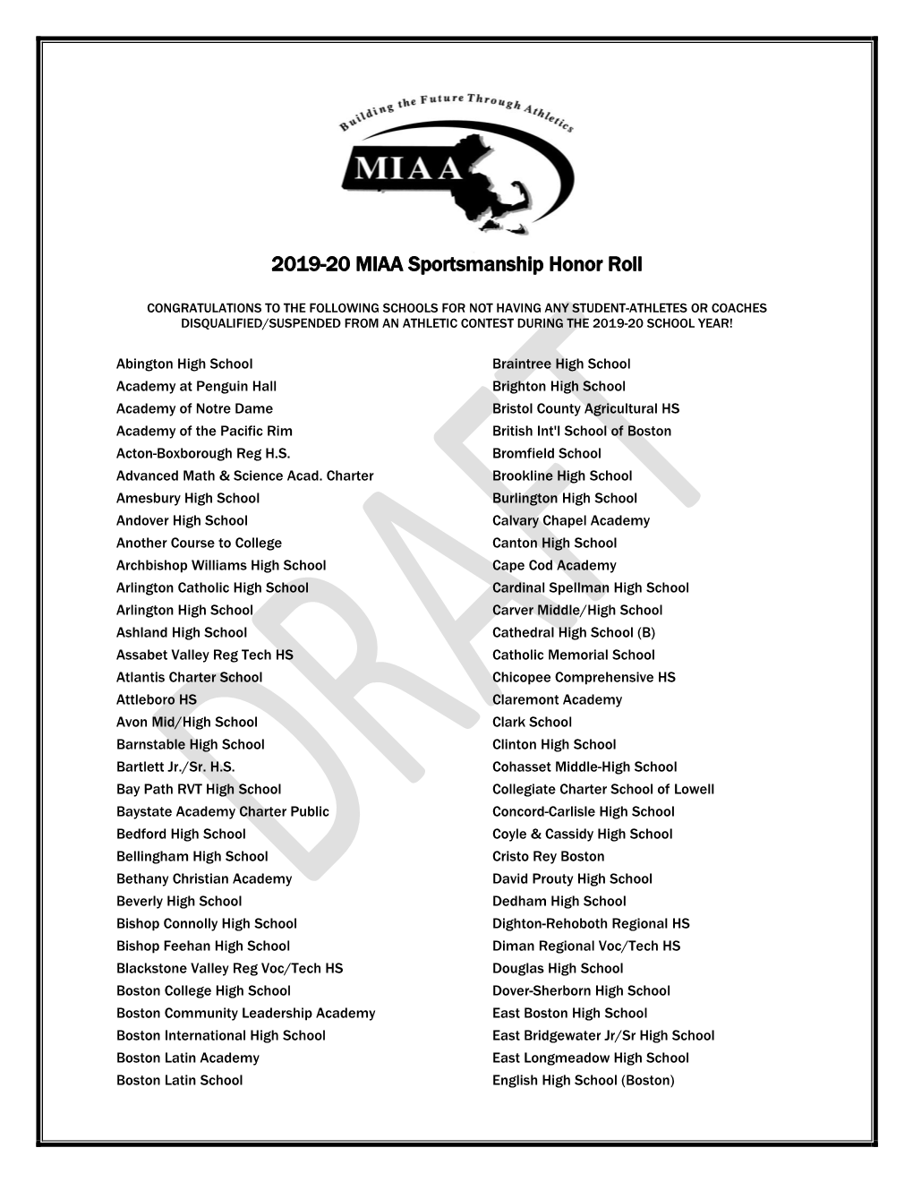 2019-2020 Sportsmanship Honor Roll