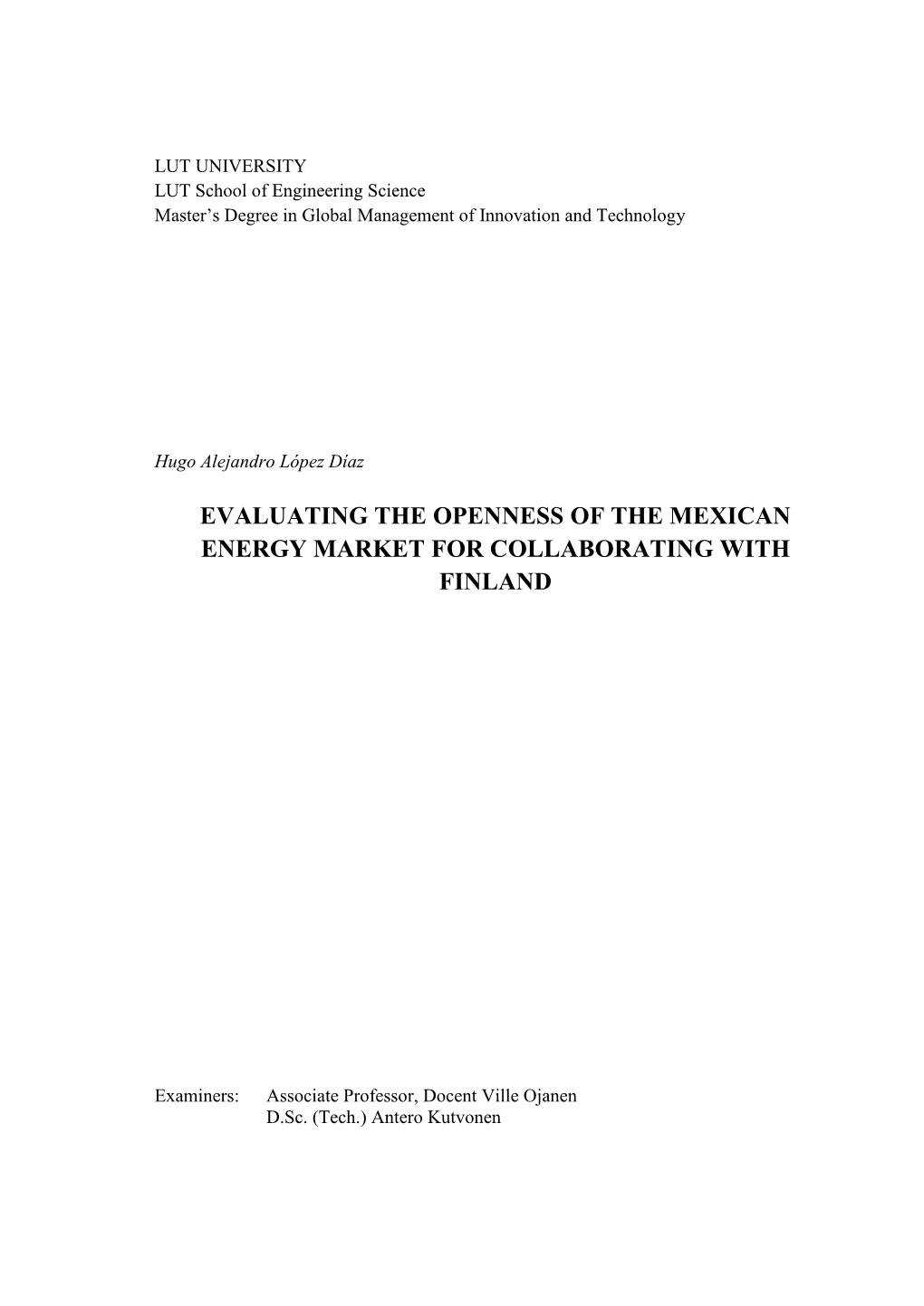 Evaluating the Openness of the Mexican Energy Market for Collaborating with Finland