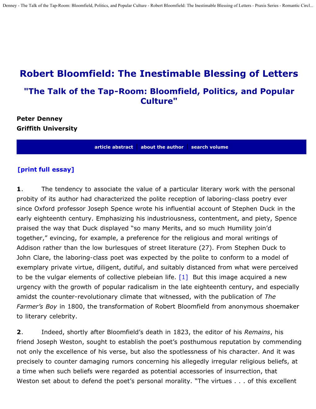 Robert Bloomfield: the Inestimable Blessing of Letters - Praxis Series - Romantic Circl