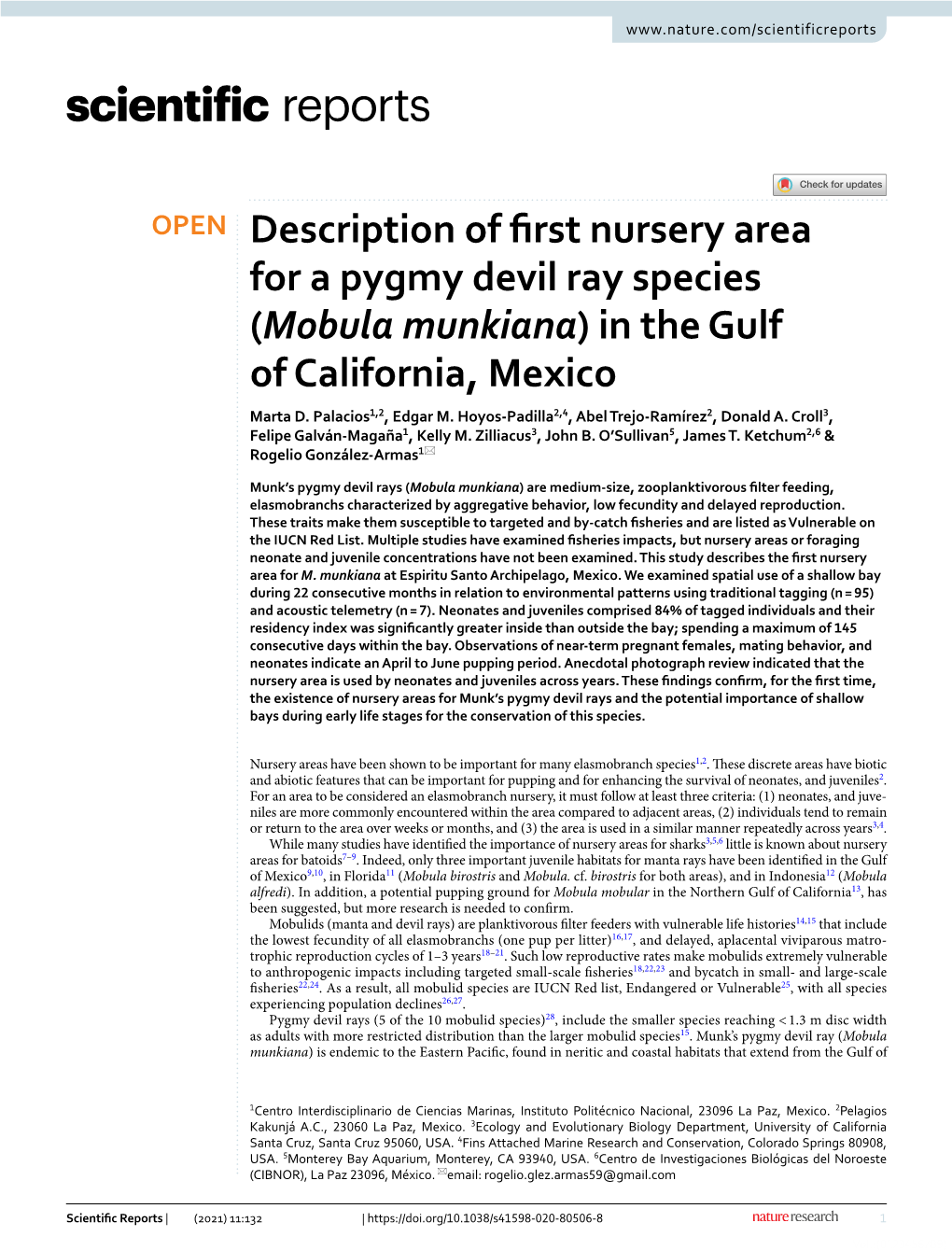 Mobula Munkiana) in the Gulf of California, Mexico Marta D