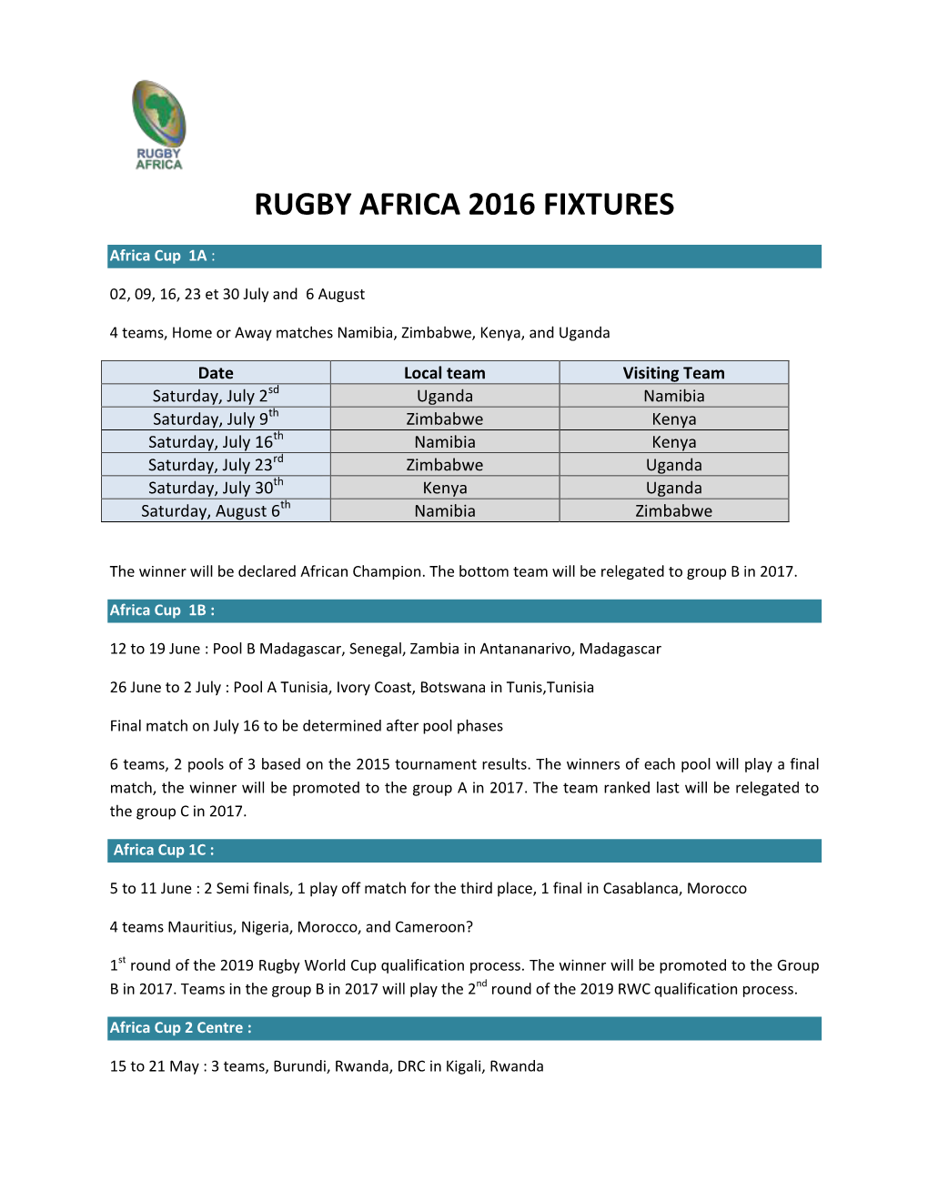 Rugby Africa 2016 Fixtures