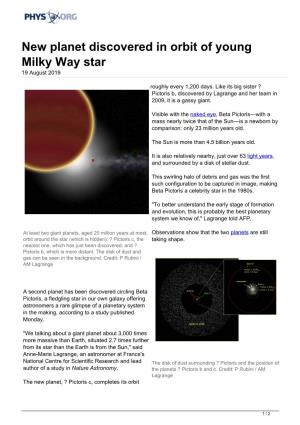 New Planet Discovered in Orbit of Young Milky Way Star 19 August 2019