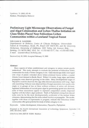 Preliminary Light Microscope Observations of Fungal and Algal Colonization and Lichen Thallus Initiation on Glass Slides Placed