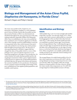 Biology and Management of the Asian Citrus Psyllid, Diaphorina Citri Kuwayama, in Florida Citrus1 Michael E