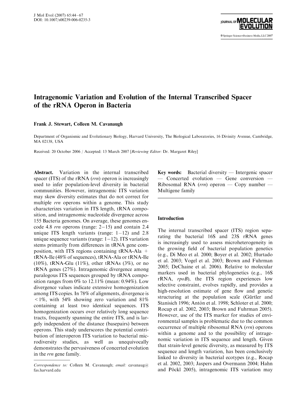 Intragenomic Variation and Evolution of the Internal Transcribed Spacer of the Rrna Operon in Bacteria