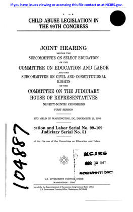 Child Abuse Legislation in the 99Th Congress Joint I-Iearing