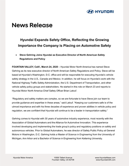 Hyundai Expands Safety Office, Reflecting the Growing Importance the Company Is Placing on Automotive Safety