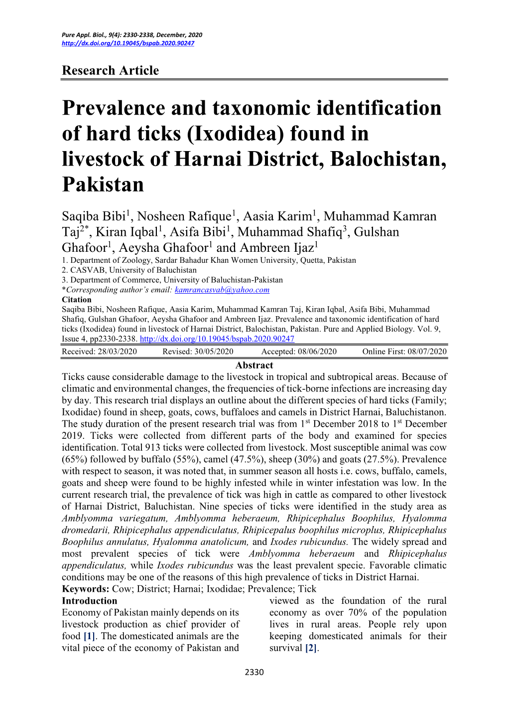 Prevalence and Taxonomic Identification of Hard Ticks (Ixodidea) Found in Livestock of Harnai District, Balochistan, Pakistan