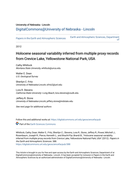 Holocene Seasonal Variability Inferred from Multiple Proxy Records from Crevice Lake, Yellowstone National Park, USA