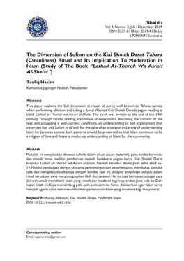 The Dimension of Sufism on the Kiai Sholeh Darat Tahara (Cleanliness) Ritual and Its Implication to Moderation in Islam (Study O