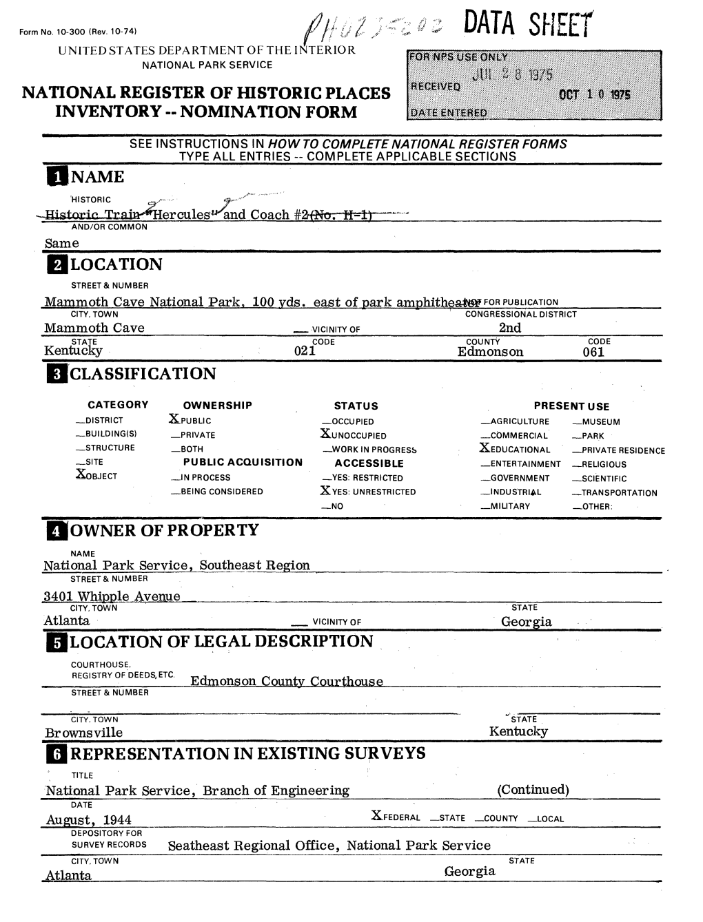 Data Sheet United States Department of the Interior National Park Service National Register of Historic Places Inventory -- Nomination Form