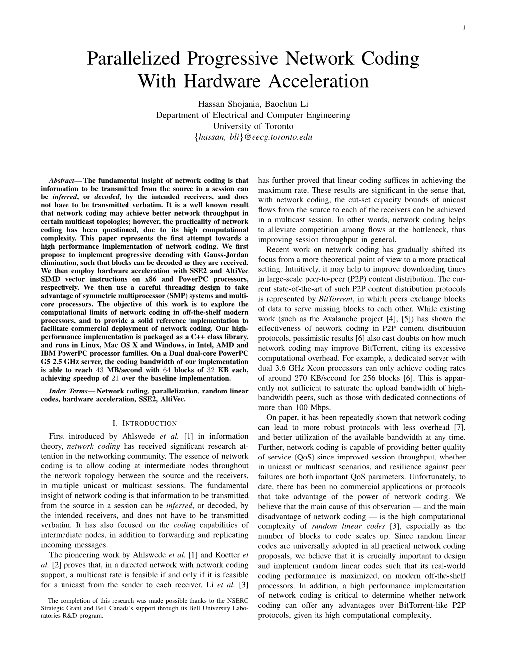 Parallelized Progressive Network Coding with Hardware Acceleration