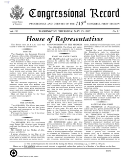 Congressional Record United States Th of America PROCEEDINGS and DEBATES of the 115 CONGRESS, FIRST SESSION